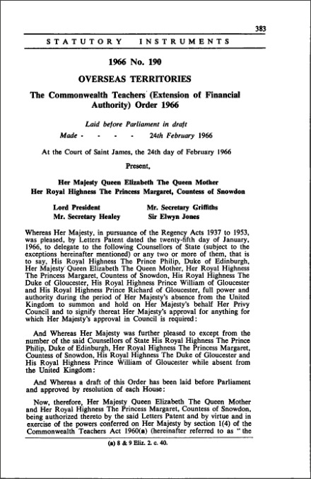 The Commonwealth Teachers (Extension of Financial Authority) Order 1966