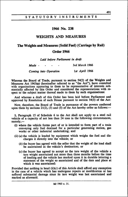 The Weights and Measures (Solid Fuel) (Carriage by Rail) Order 1966