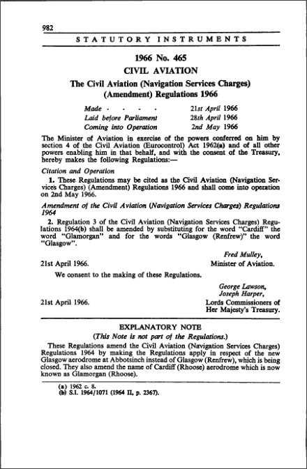 The Civil Aviation (Navigation Services Charges) (Amendment) Regulations 1966
