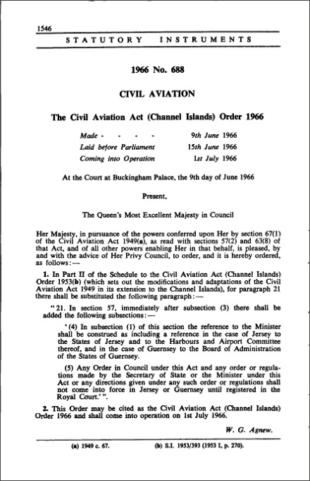 The Civil Aviation Act (Channel Islands) Order 1966