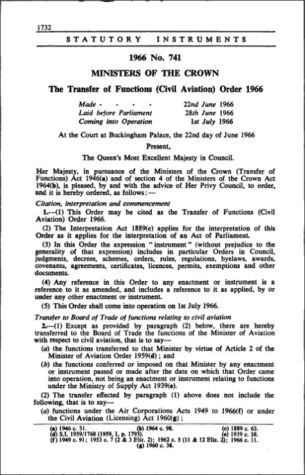 The Transfer of Functions (Civil Aviation) Order 1966
