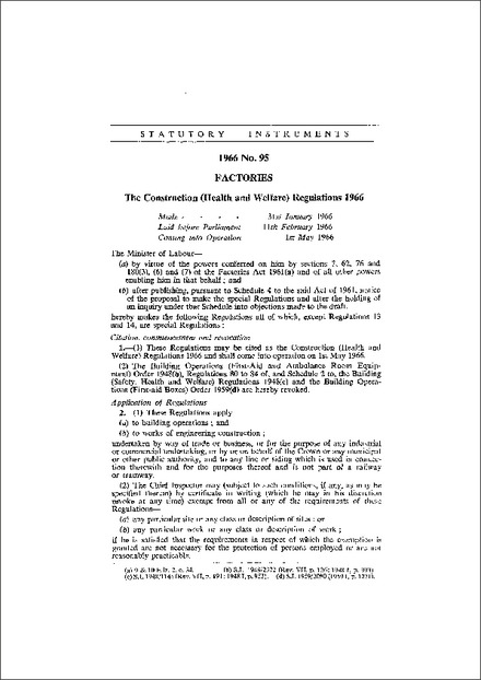 The Construction (Health and Welfare) Regulations 1966