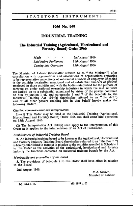 The Industrial Training (Agricultural, Horticultural and Forestry Board) Order 1966