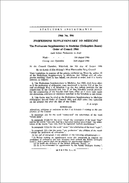 The Professions Supplementary to Medicine (Orthoptists Board) Order of Council 1966