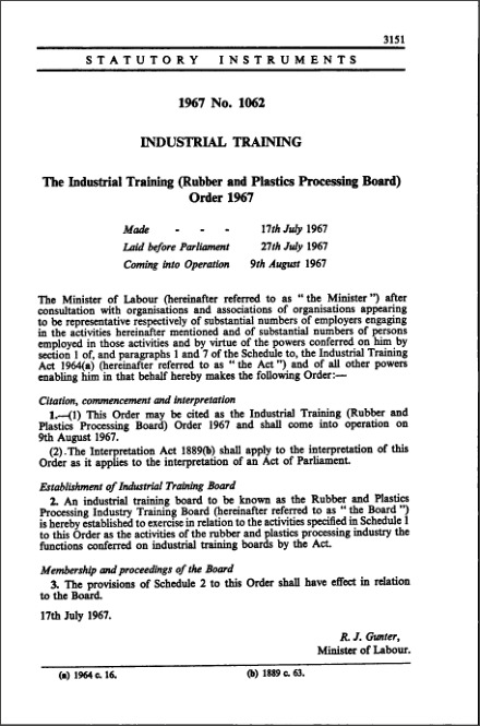 The Industrial Training (Rubber and Plastics Processing Board) Order 1967