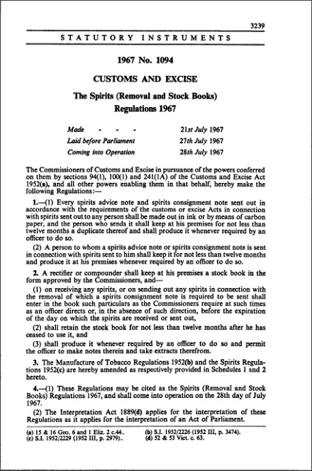 The Spirits (Removal and Stock Books) Regulations 1967