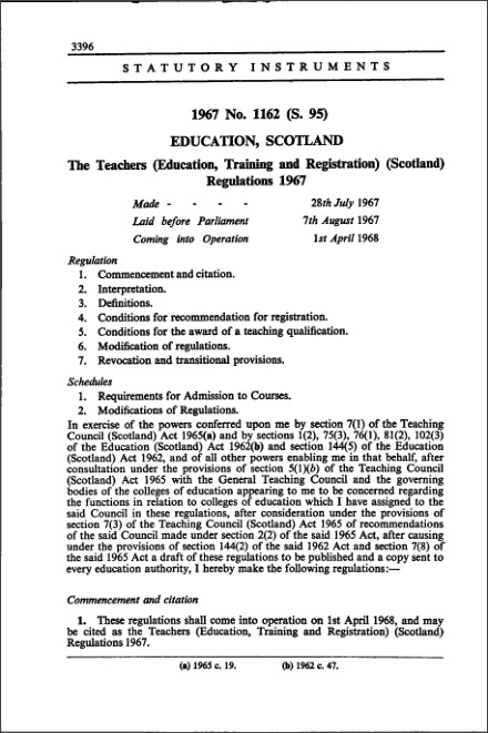The Teachers (Education, Training and Registration) (Scotland) Regulations 1967
