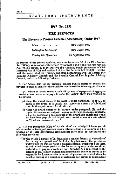 The Firemen's Pension Scheme (Amendment) Order 1967