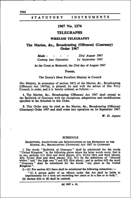 The Marine, etc., Broadcasting (Offences) (Guernsey) Order 1967