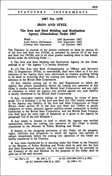 The Iron and Steel Holding and Realisation Agency (Dissolution) Order 1967