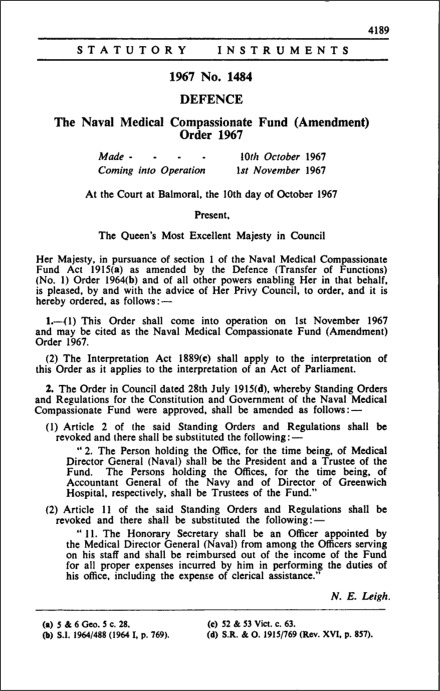 The Naval Medical Compassionate Fund (Amendment) Order 1967