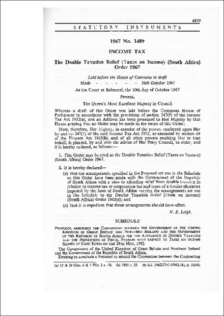 The Double Taxation Relief (Taxes on Income) (South Africa) Order 1967