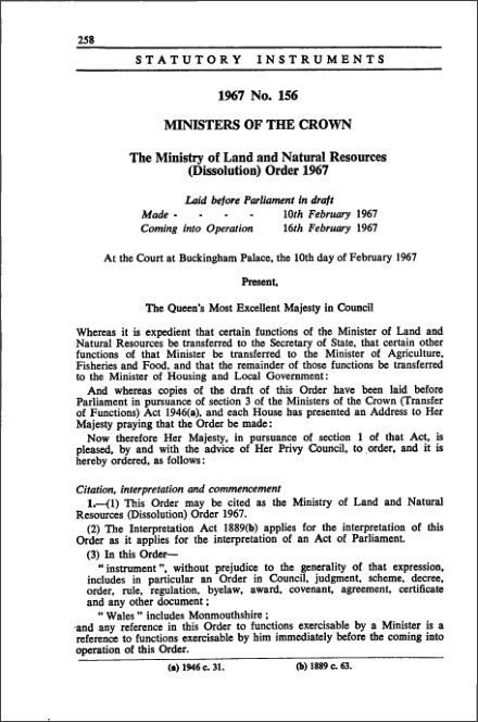 The Ministry of Land and Natural Resources (Dissolution) Order 1967