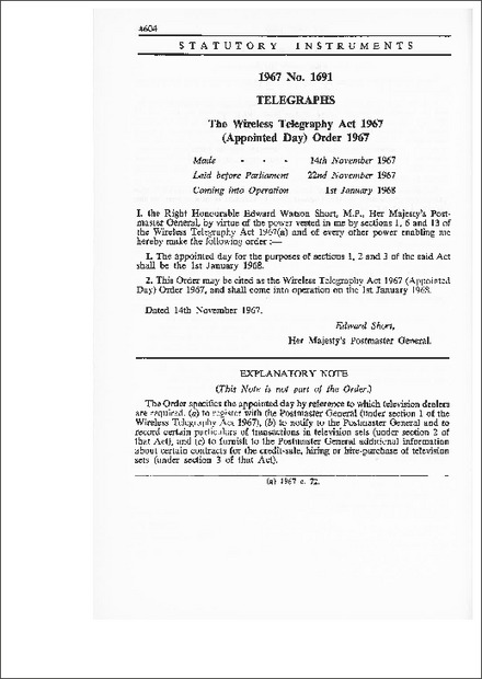 The Wireless Telegraphy Act 1967 (Appointed Day) Order 1967