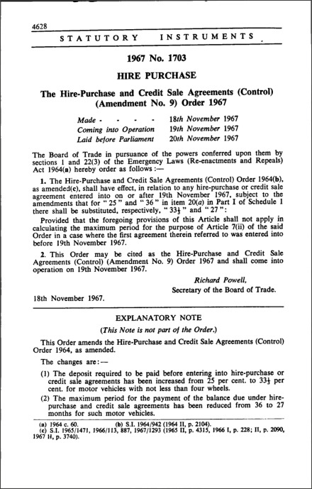 The Hire Purchase and Credit Sale Agreements (Control) (Amendment No. 9) Order 1967