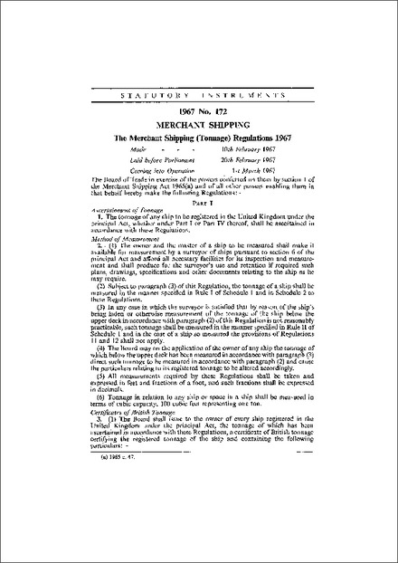 The Merchant Shipping (Tonnage) Regulations 1967