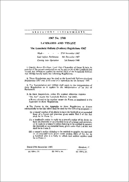 The Leasehold Reform (Notices) Regulations 1967