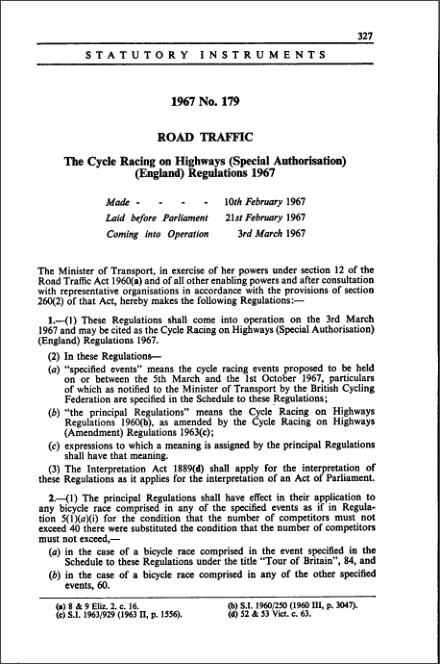 The Cycle Racing on Highways (Special Authorisation) (England) Regulations 1967
