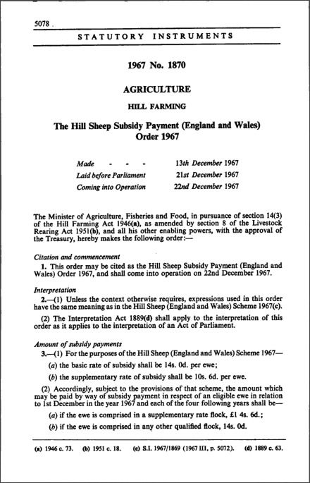 The Hill Sheep Subsidy Payment (England and Wales) Order 1967