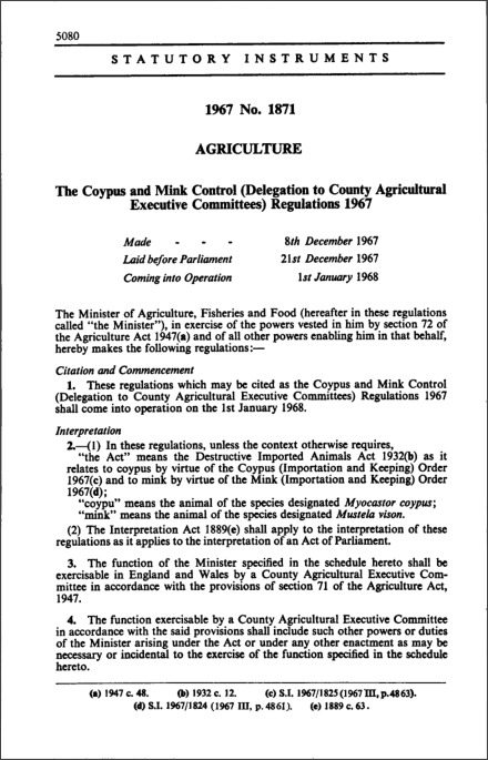 The Coypus and Mink Control (Delegation to County Agricultural Executive Committees) Regulations 1967