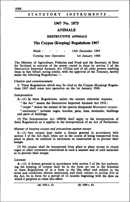 The Coypus (Keeping) Regulations 1967