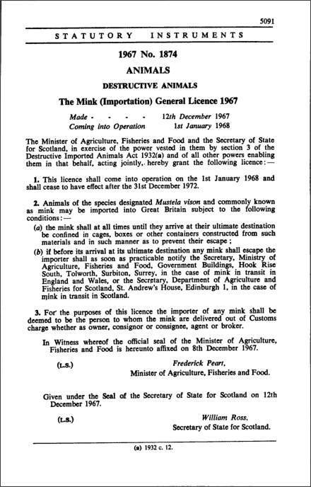 The Mink (Importation) General Licence 1967