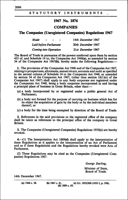 The Companies (Unregistered Companies) Regulations 1967