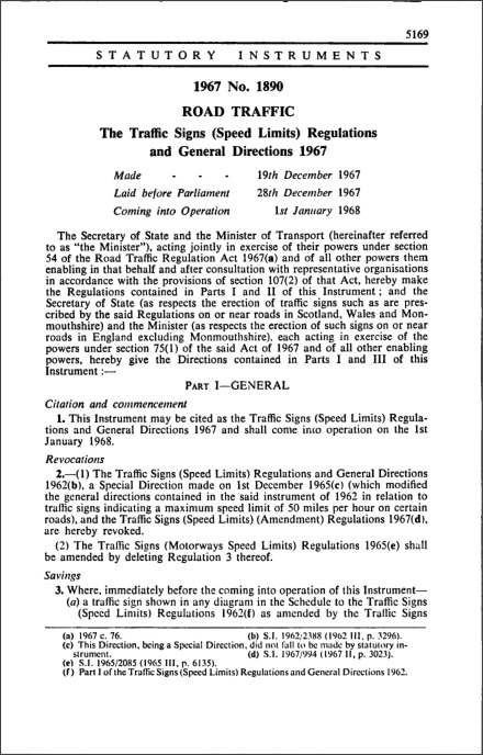 The Traffic Signs (Speed Limits) Regulations and General Directions 1967