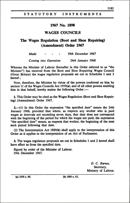 The Wages Regulation (Boot and Shoe Repairing) (Amendment) Order 1967