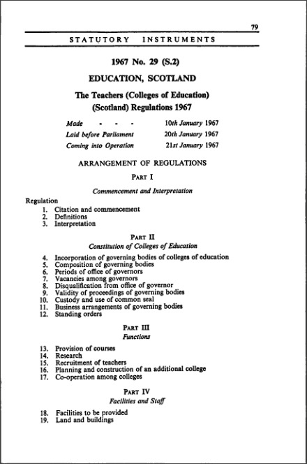 The Teachers (Colleges of Education) (Scotland) Regulations 1967