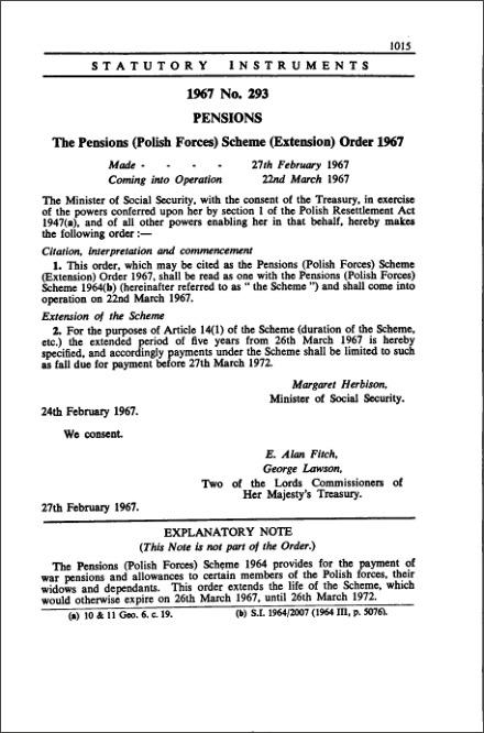 The Pensions (Polish Forces) Scheme (Extension) Order 1967