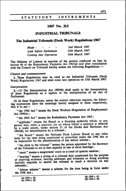 The Industrial Tribunals (Dock Work) Regulations 1967