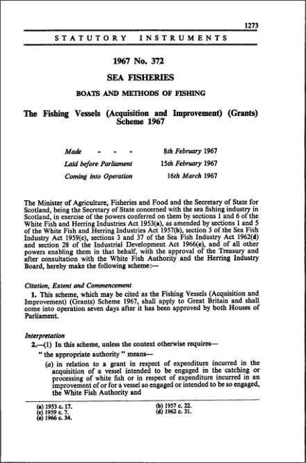 The Fishing Vessels (Acquisition and Improvement) (Grants) Scheme 1967