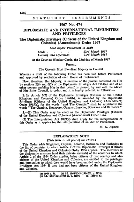 The Diplomatic Privileges (Citizens of the United Kingdom and Colonies) (Amendment) Order 1967