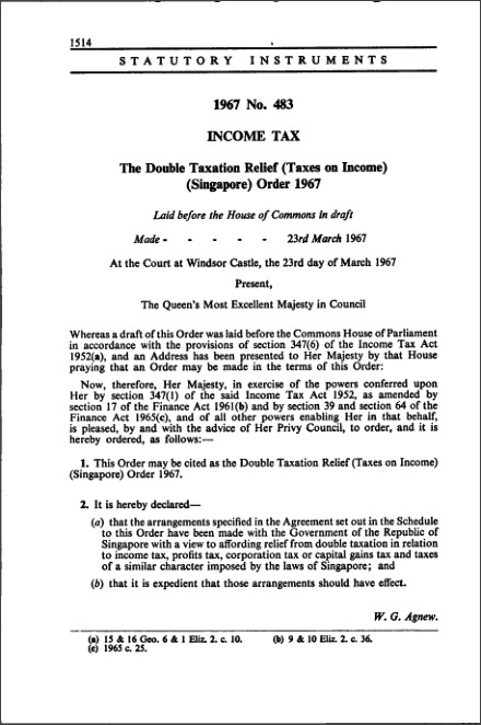 The Double Taxation Relief (Taxes on Income) (Singapore) Order 1967