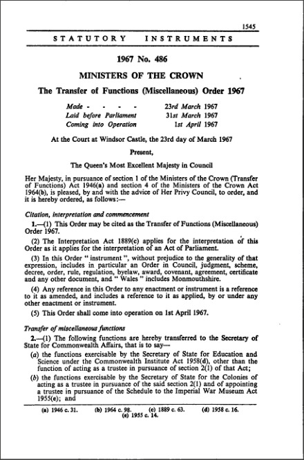 The Transfer of Functions (Miscellaneous) Order 1967