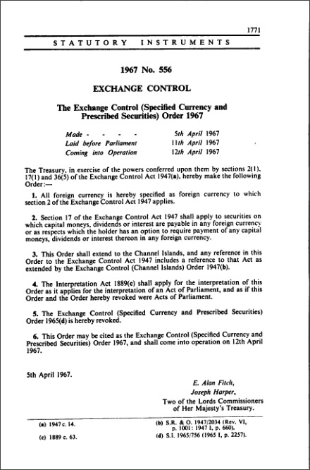The Exchange Control (Specified Currency and Prescribed Securities) Order 1967