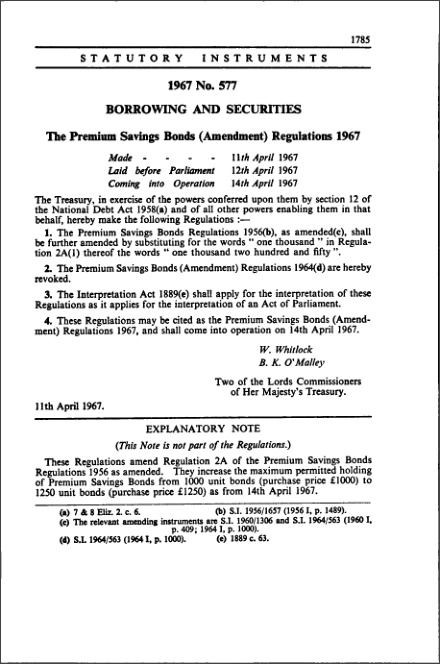 The Premium Savings Bonds (Amendment) Regulations 1967