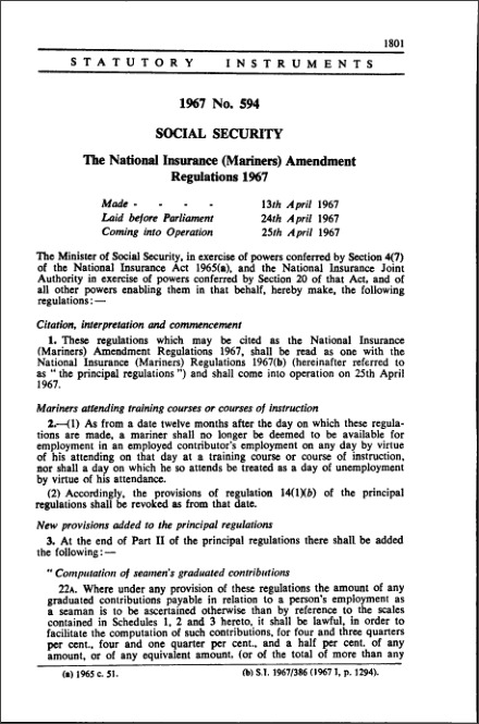 The National Insurance (Mariners) Amendment Regulations 1967