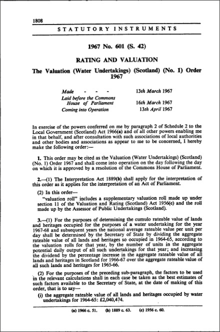 The Valuation (Water Undertakings) (Scotland) (No. 1) Order 1967