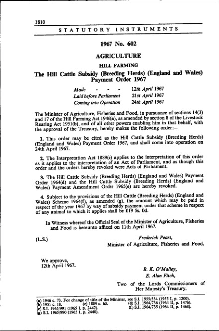 The Hill Cattle Subsidy (Breeding Herds) (England and Wales) Payment Order 1967