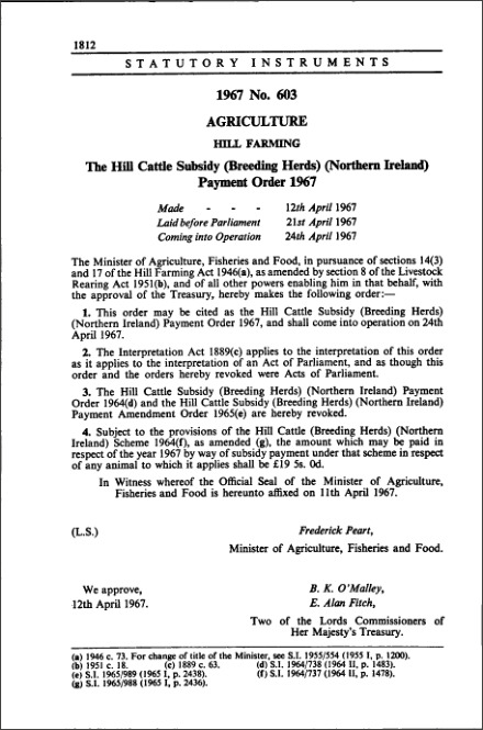 The Hill Cattle Subsidy (Breeding Herds) (Northern Ireland) Payment Order 1967