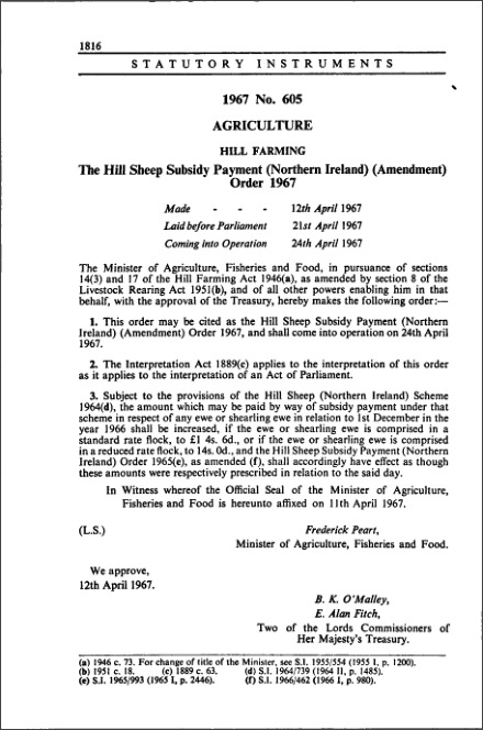 The Hill Sheep Subsidy Payment (Northern Ireland) (Amendment) Order 1967