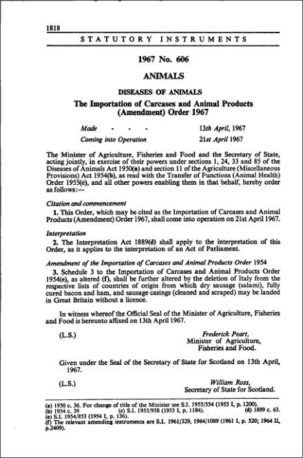The Importation of Carcases and Animal Products (Amendment) Order 1967
