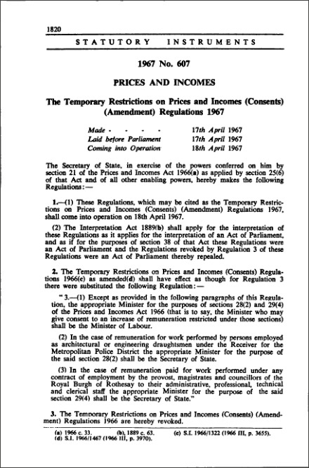 The Temporary Restrictions on Prices and Incomes (Consents) (Amendment) Regulations 1967