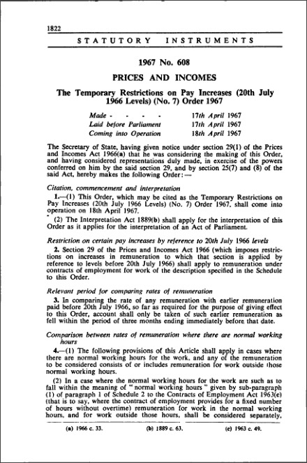 The Temporary Restrictions on Pay Increases (20th July 1966 Levels) (No. 7) Order 1967