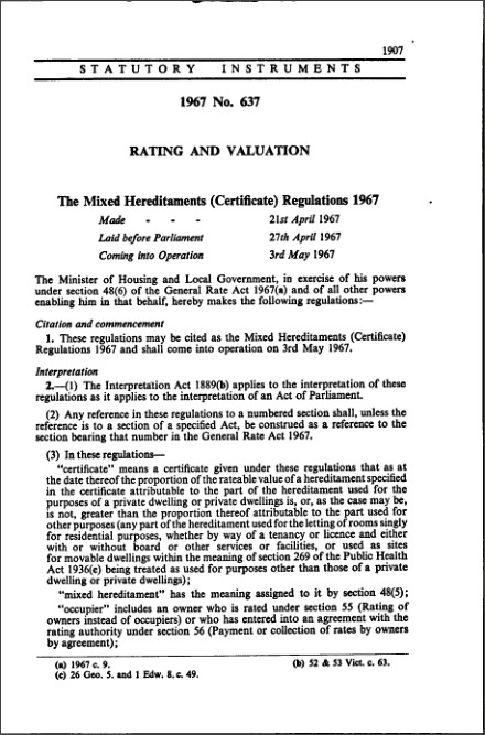 The Mixed Hereditaments (Certificate) Regulations 1967