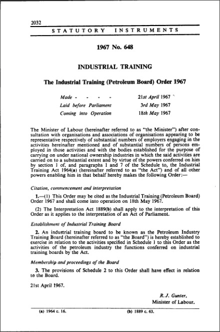 The Industrial Training (Petroleum Board) Order 1967