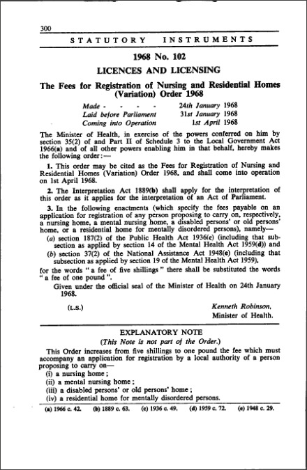 The Fees for Registration of Nursing and Residential Homes (Variation) Order 1968