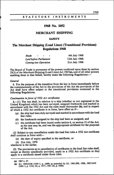 The Merchant Shipping (Load Lines) (Transitional Provisions) Regulations 1968
